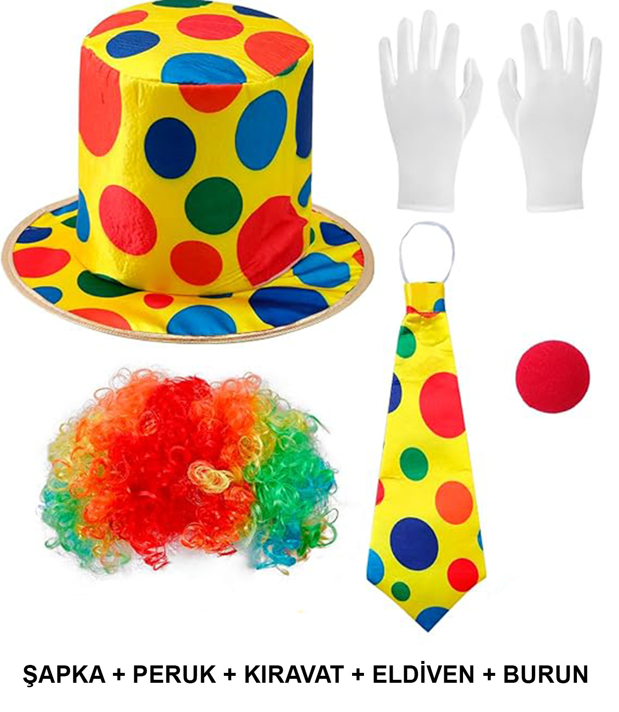 Renkli Palyaço Kostüm Seti – 5 Parça Aksesuar (Şapka, Peruk, Kravat, Eldiven, Burun)