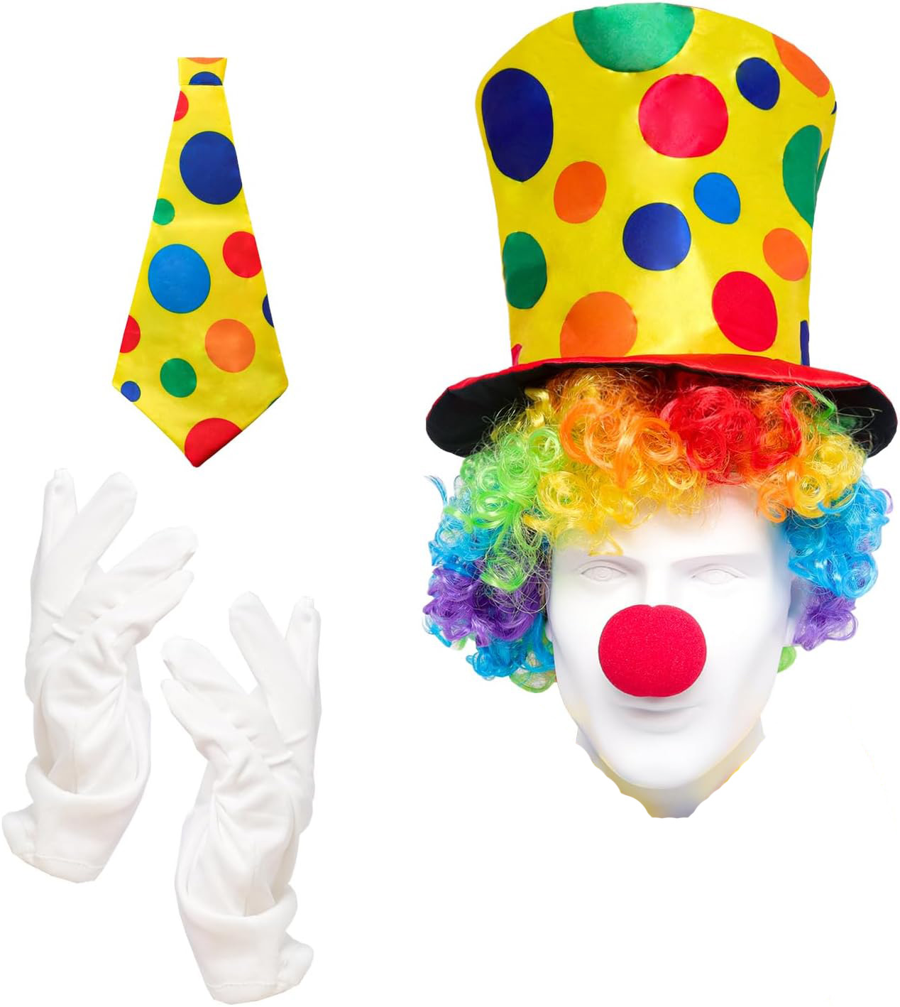 Renkli Palyaço Kostüm Seti – 5 Parça Aksesuar (Şapka, Peruk, Kravat, Eldiven, Burun)