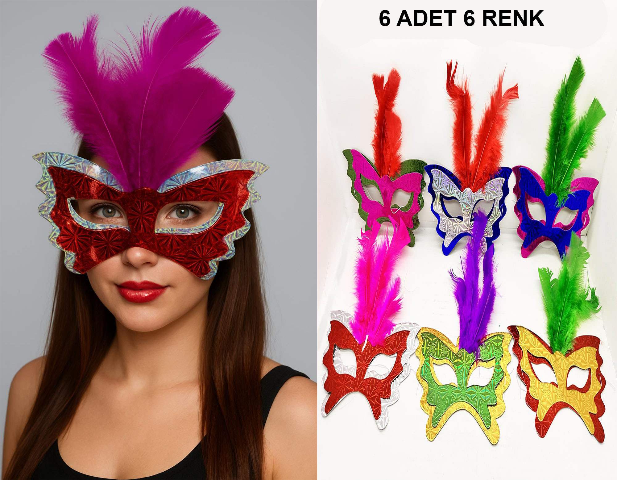 Renkli Parti Maskesi 6'lı | Tüylü Karton Maske Seti (Lastikli)