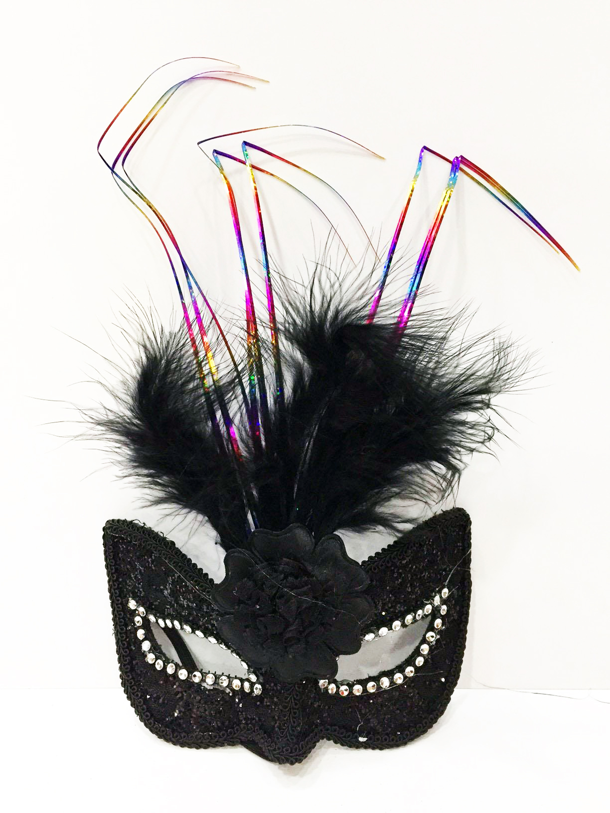 Renkli Tel İşlemeli Güllü Kırılmaz Eva Siyah Parti Maskesi