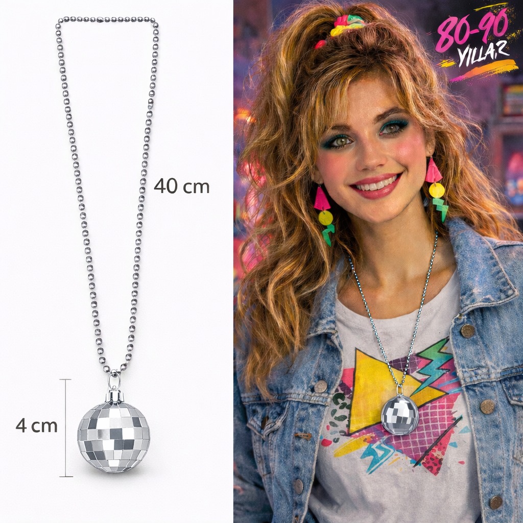 Retro Disko Topu Şekilli 80'ler 90'lar Gümüş Renk Plastik Kolye