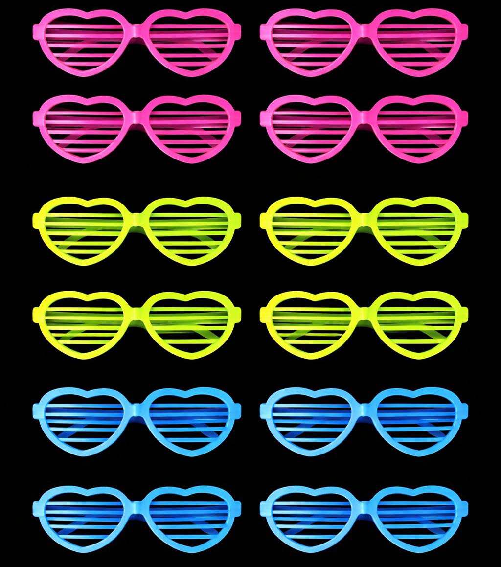 Retro Neon Fosforlu Kalp Panjur Gözlük 12 Adet – 80’ler 90’lar Parti Stili