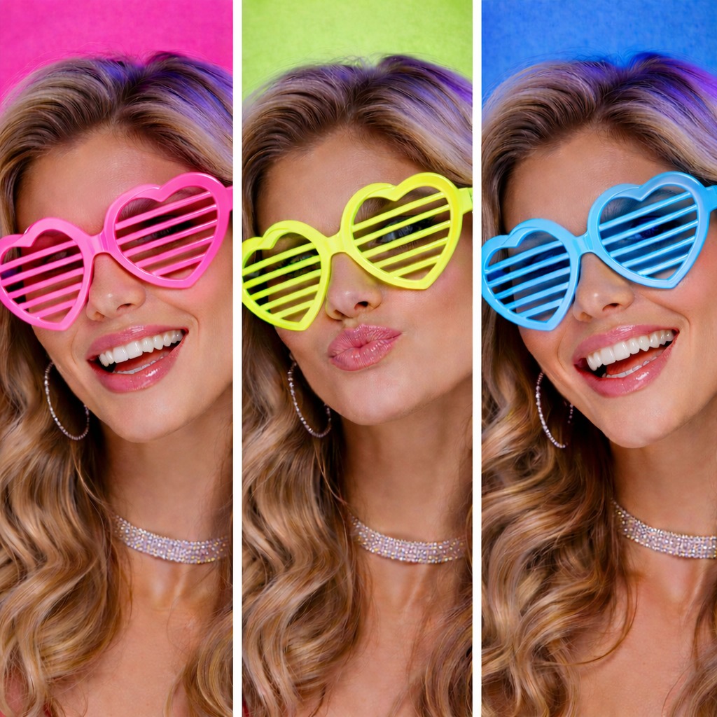 Retro Neon Fosforlu Kalp Panjur Gözlük 12 Adet – 80’ler 90’lar Parti Stili