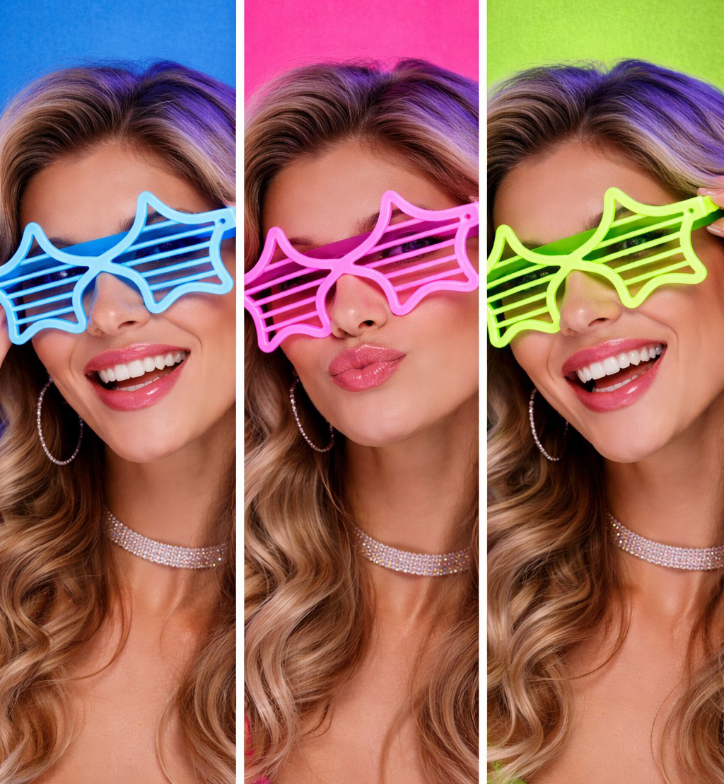 Retro Neon Fosforlu Yıldız Panjur Gözlük 12 Adet – 80’ler 90’lar Parti Stili