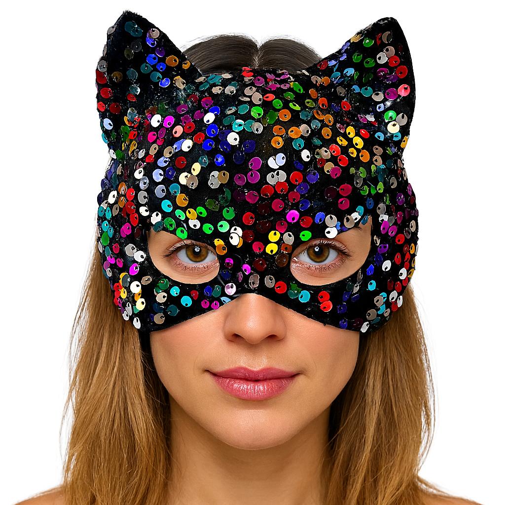 Siyah Kadife Kumaş Üzerine Rengarenk Payetli Pullu Parti Maskesi 16x14 cm