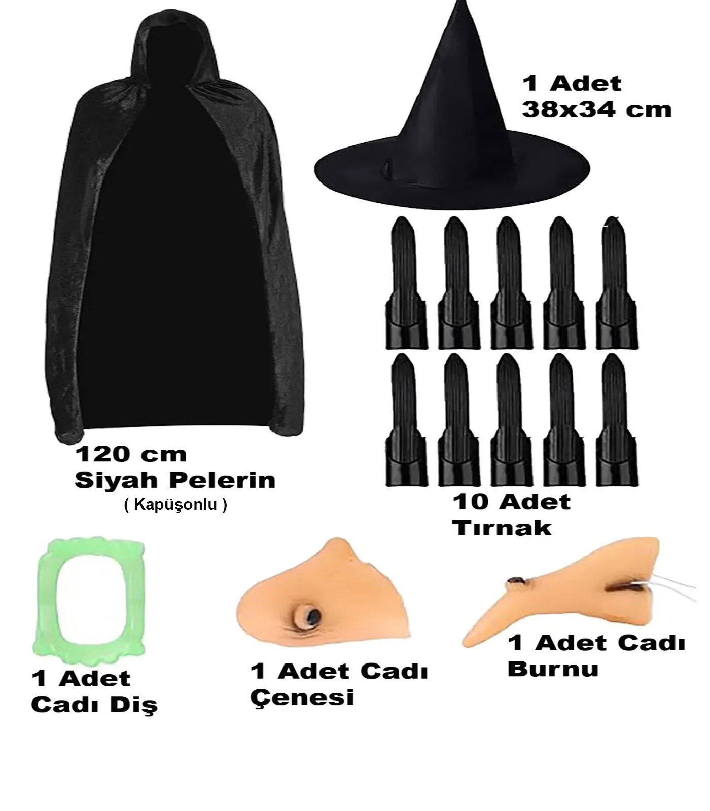 Siyah Kapüşonlu Pelerin 120 cm Tırnaklar Diş Çene Burun ve Şapka Seti