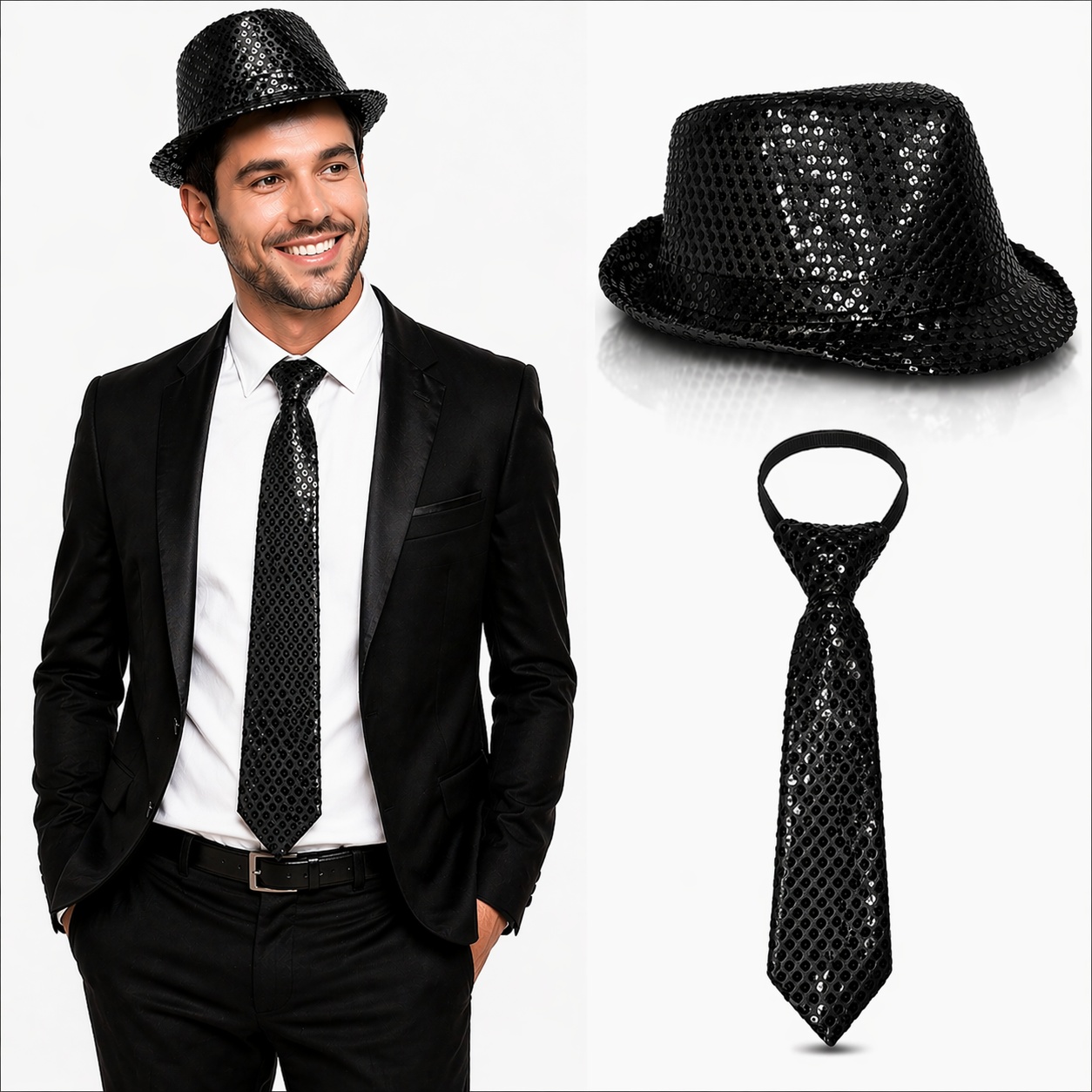 Siyah Payetli Şapka ve Kravat Seti – Işıltılı Parti Kombini