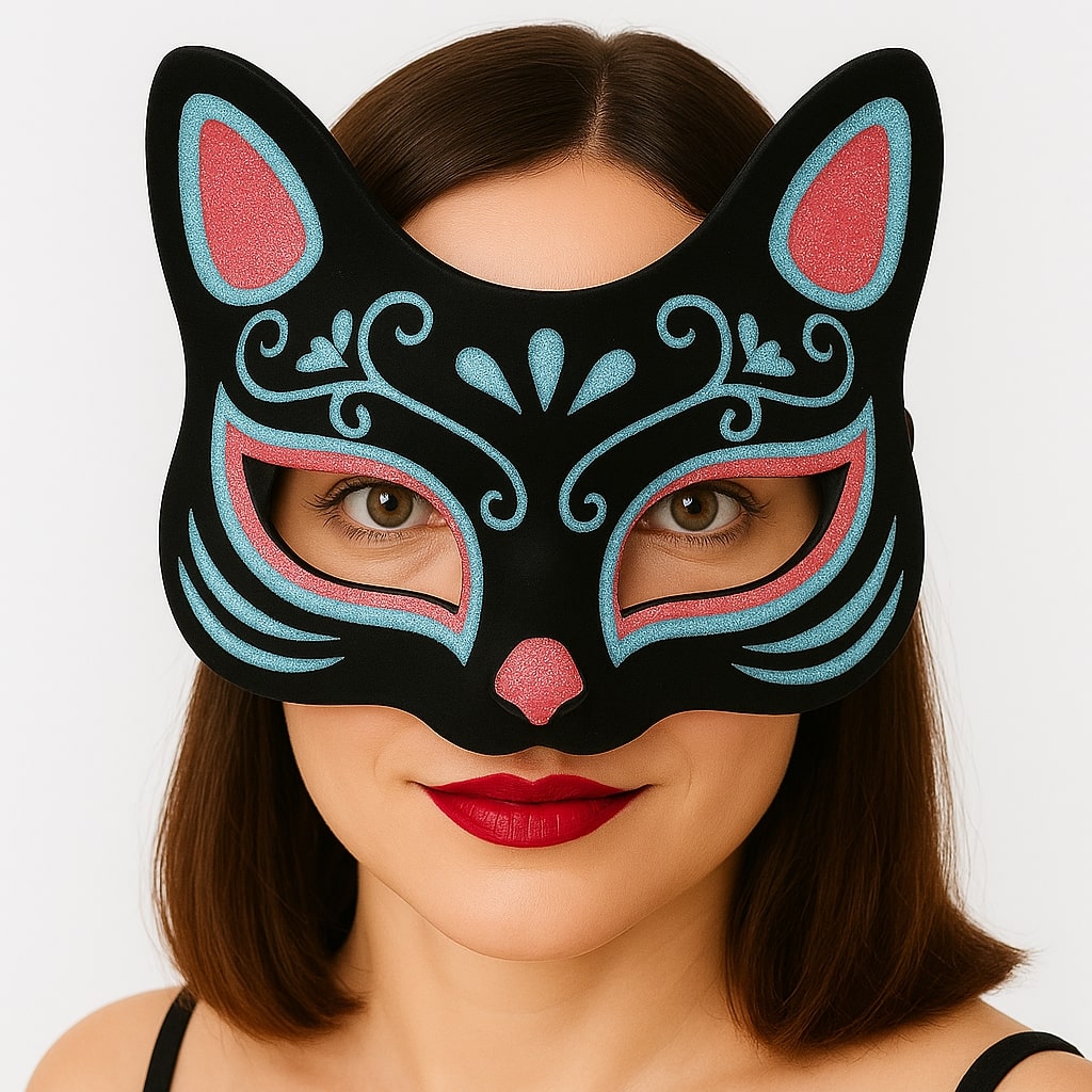 Siyah Renk Süet Kaplama Üzeri Mavi Kırmızı Simli Kedi Maskesi 17x14 cm