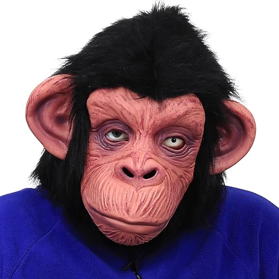 Siyah Saçlı Kafaya Tam Geçmeli Lateks Şempanze Maskesi - Lateks Maymun Orangutan Goril Maske Et Maske