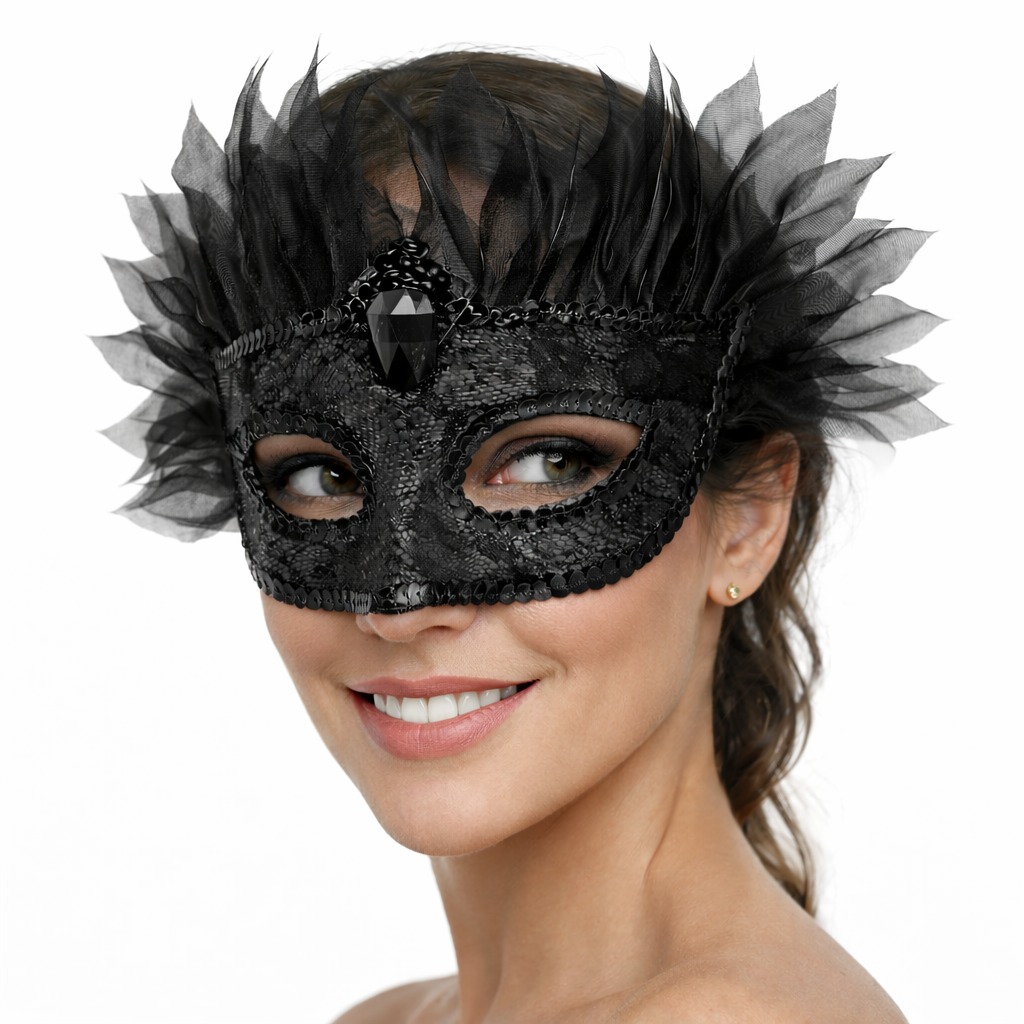 Siyah Taşlı Venedik Maskesi Lüks Tüllü Parti Maskesi