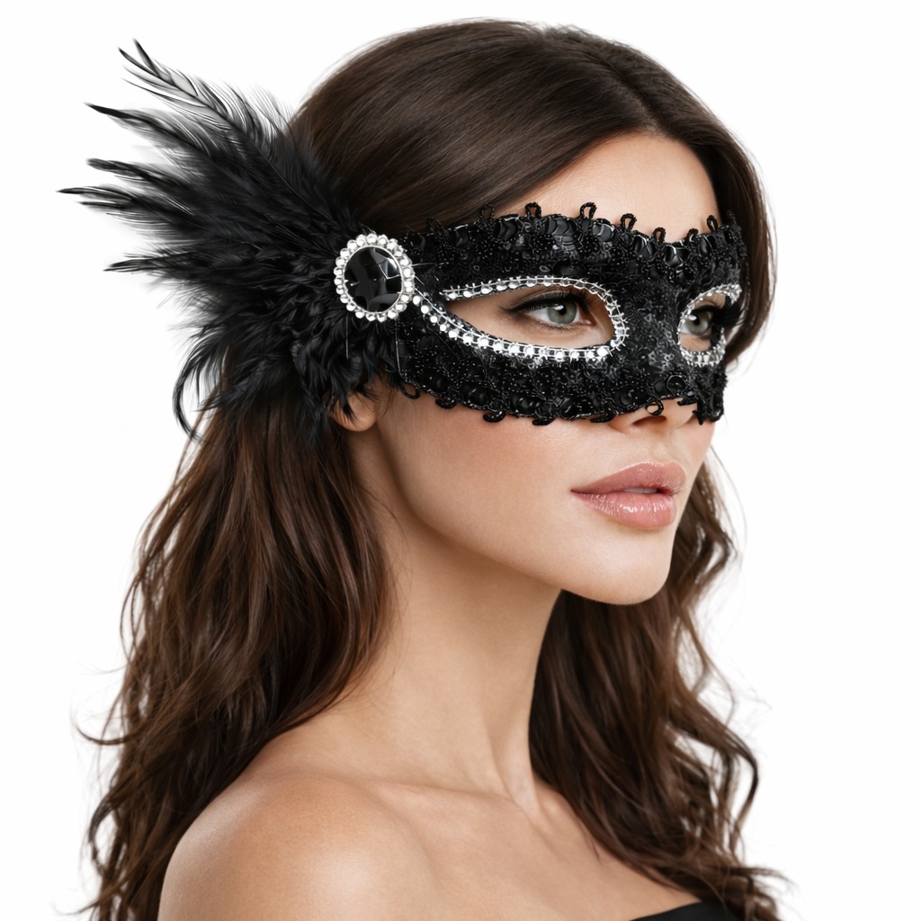 Siyah Taşlı Venedik Parti Maskesi – Tüylü Payetli