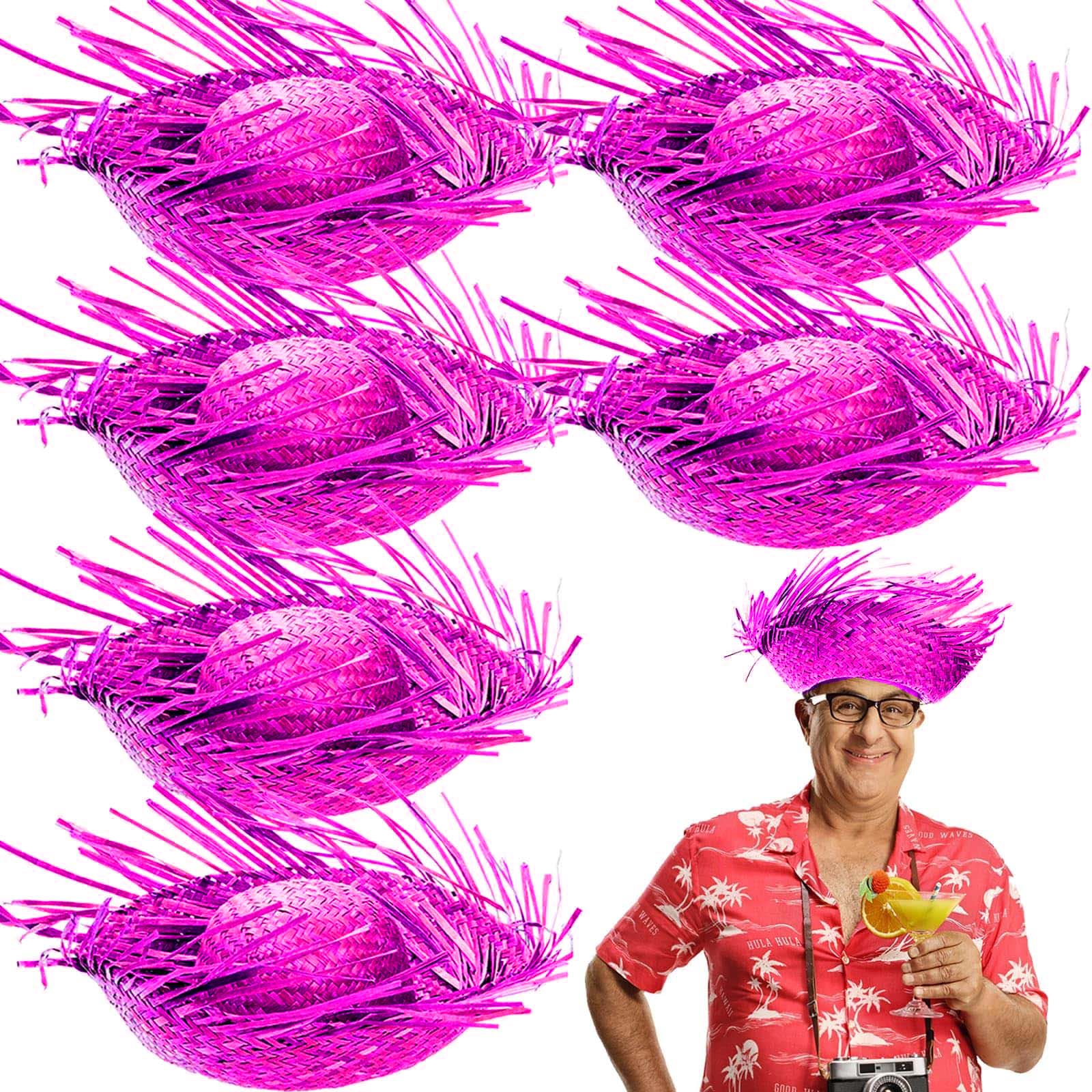 Tropikal Parti Pembe Fuşya Hasır Hawaii Şapkası 13x36 cm