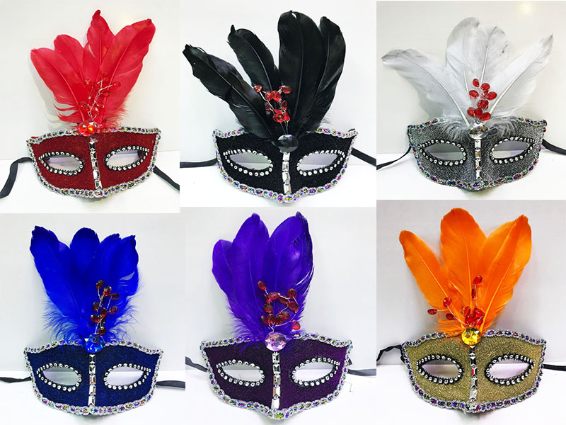 Tüy Üzeri Boncuk İşlemeli Karışık Renk Parti Maskesi 12 Adet