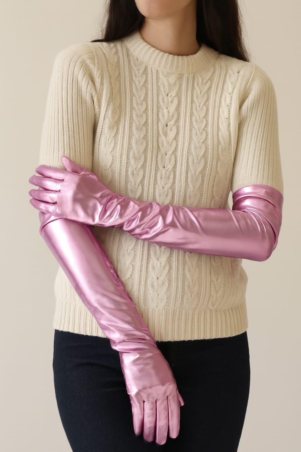 Uzun Boy Ekstra Parlak Saten Eldiven Pembe Renk 