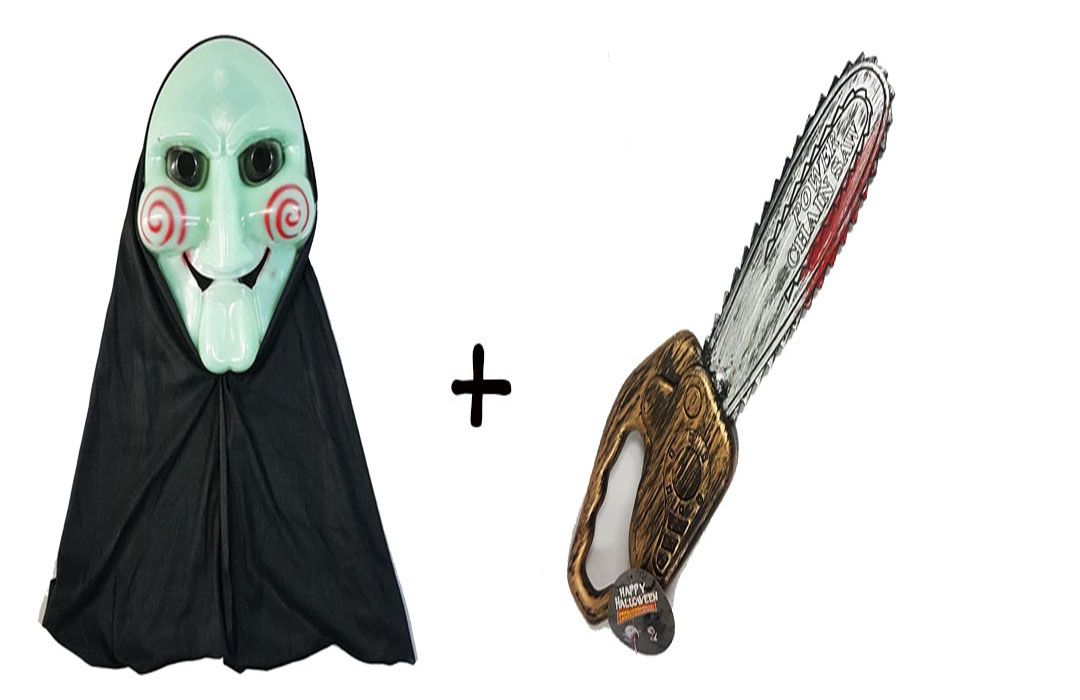 Yeşil Neon Renk Pelerinli Testere Saw Maskesi ve Testerenin Kılıcı 