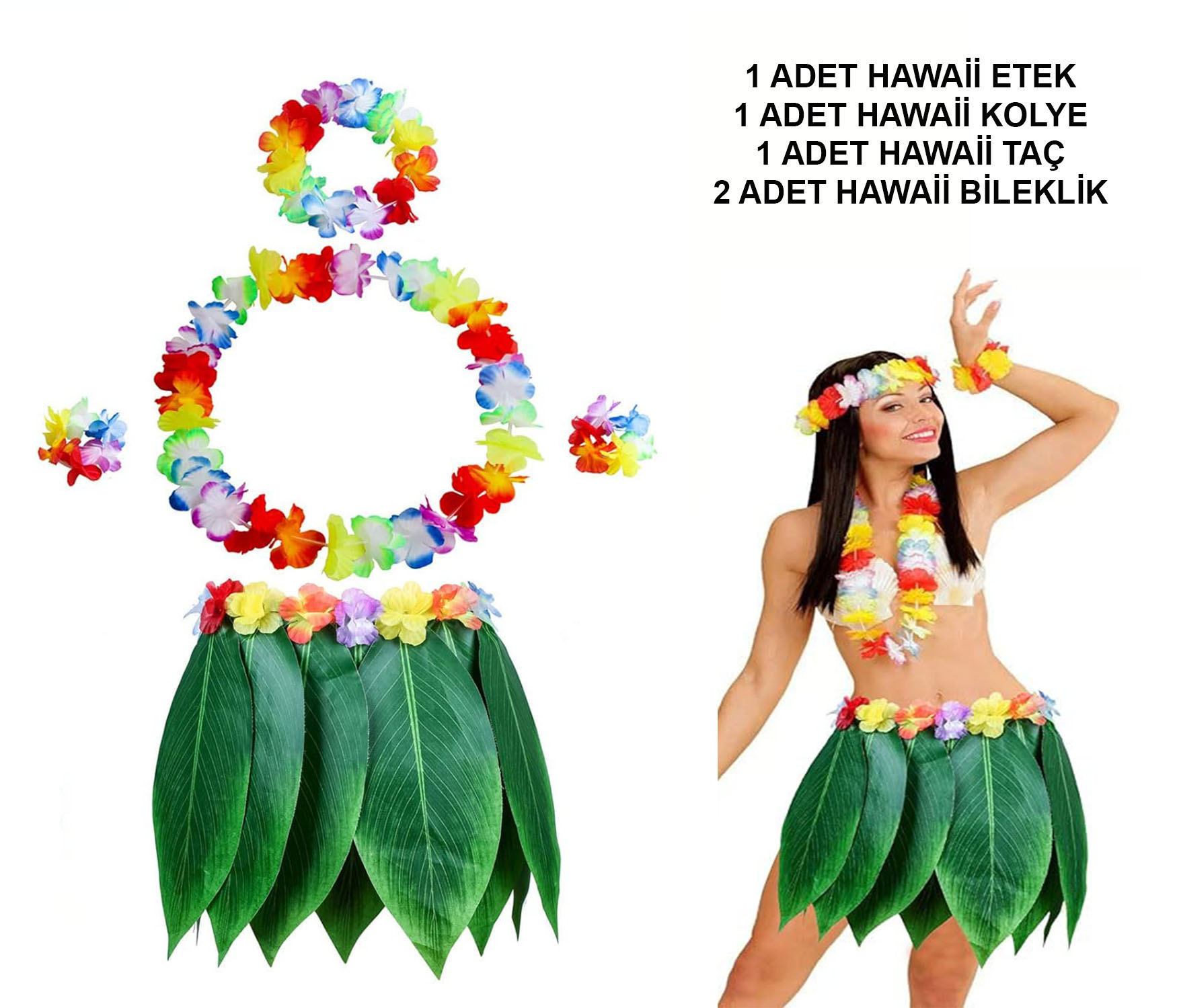 Yetişkin Hawaii Kostüm Seti - Yaprak Etek & Hawaii Set - 5 Parça