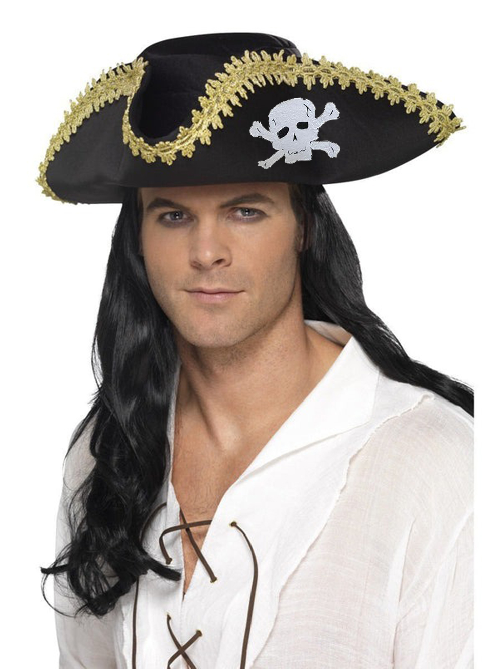 Yetişkin Siyah Denizci Korsan Şapkası Kenarları Altın İşlemeli 