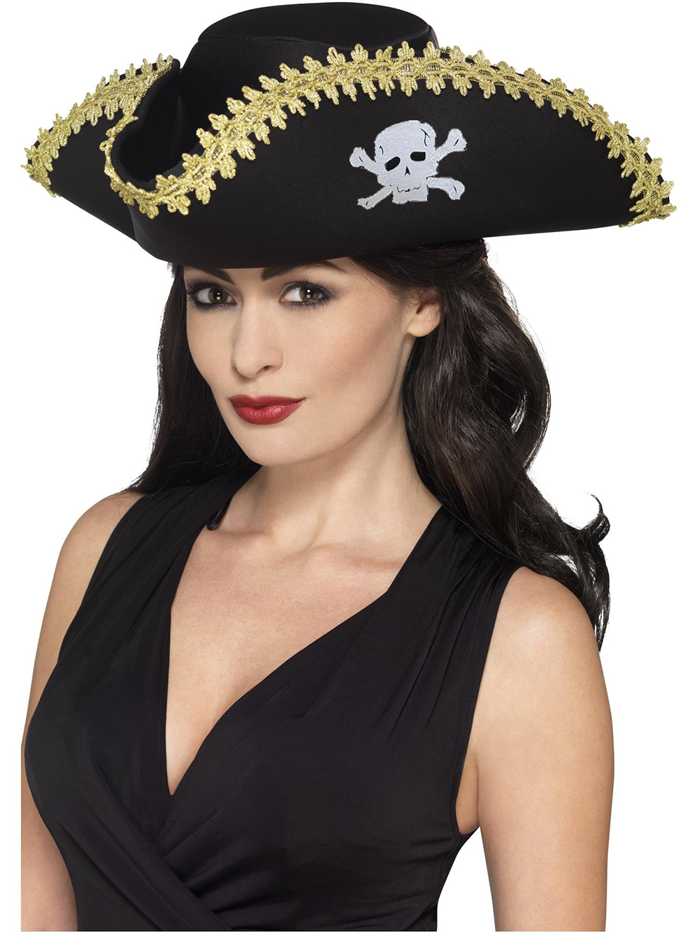 Yetişkin Siyah Denizci Korsan Şapkası Kenarları Altın İşlemeli 