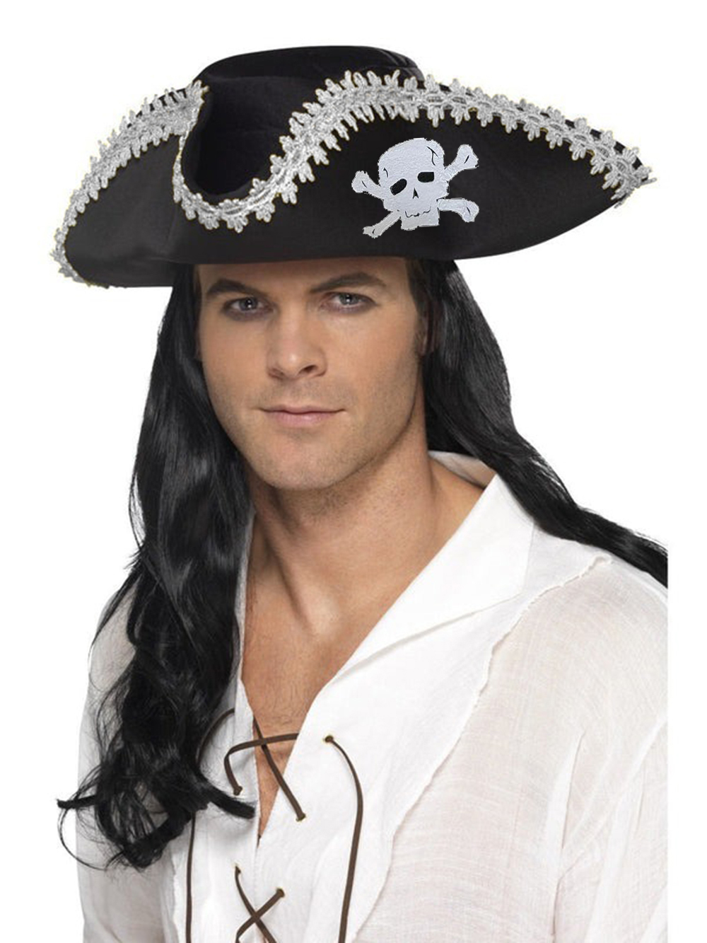 Yetişkin Siyah Denizci Korsan Şapkası Kenarları Gümüş İşlemeli 