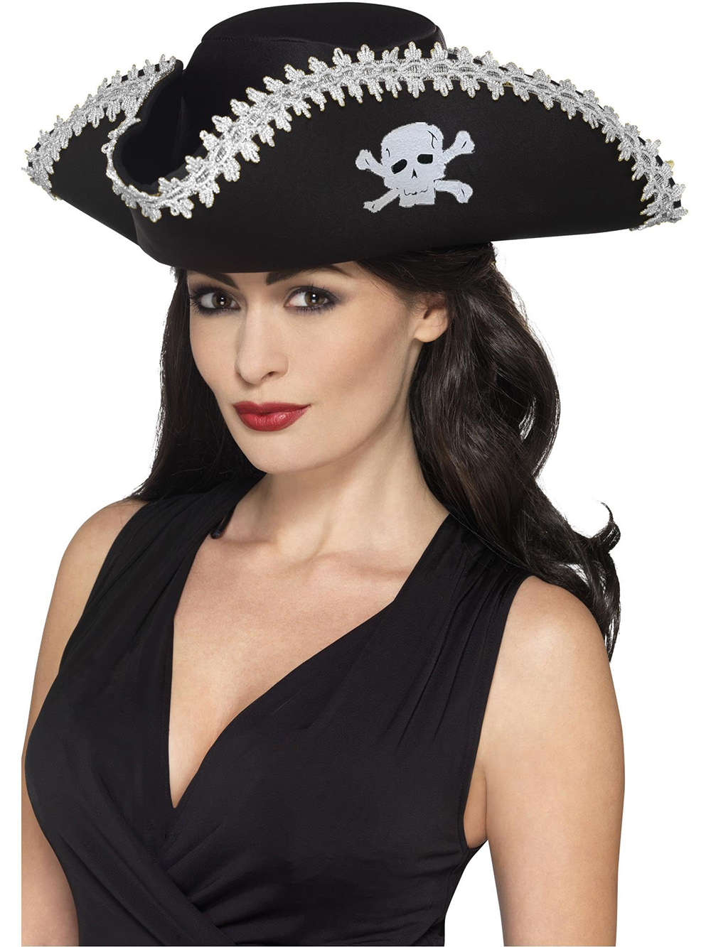 Yetişkin Siyah Denizci Korsan Şapkası Kenarları Gümüş İşlemeli 