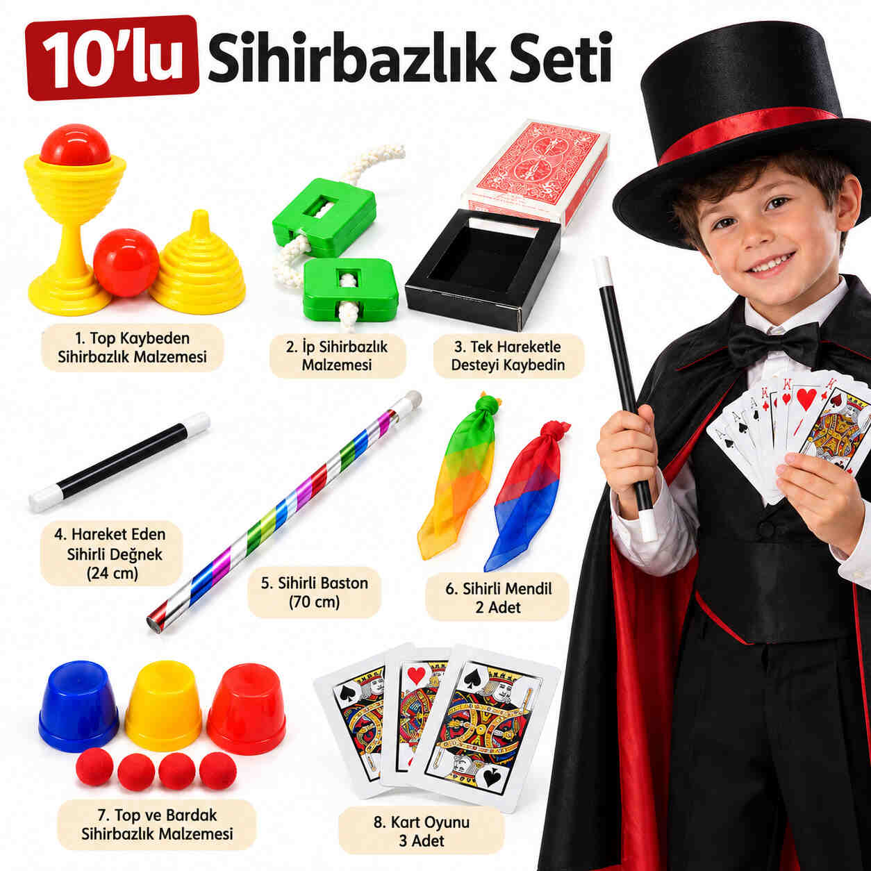 10 Parçalı Çocuk Sihirbazlık Seti – Sihirli Değnek, Baston ve Sihir Oyunları