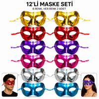 12'li Metalik Venedik Toptan Parti Maskesi Seti – 6 Renk Karışık