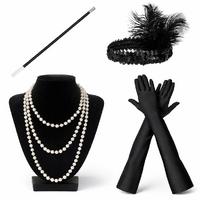 1920’ler Çarliston Aksesuar Seti – İnci Kolye, Eldiven, Sigara Tutucu, Siyah Saç Bandı