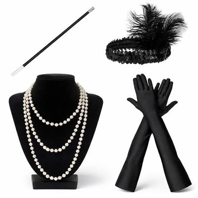 1920’ler Çarliston Aksesuar Seti – İnci Kolye, Eldiven, Sigara Tutucu, Siyah Saç Bandı