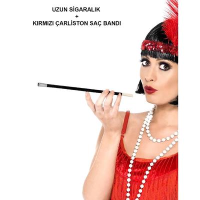 1920'ler 1990'lar Gatsby Kadın Aksesuar Seti – Kırmızı Charleston Saç Bandı ve Sigaralık