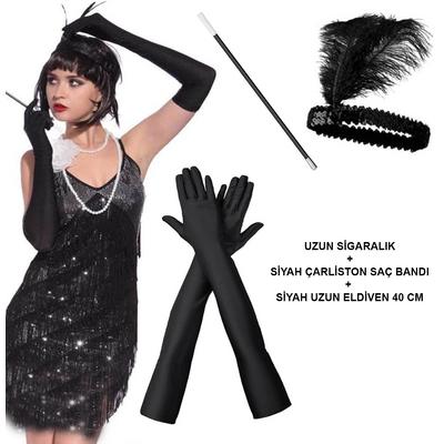 1920'ler Gatsby Aksesuar Seti – Siyah Charleston Saç Bandı, Uzun Eldiven & Sigaralık