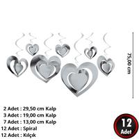 3 Boyutlu Spiralli Gümüş Renk Kalp Şekilli Tavan Asma Süsü 12 Adet