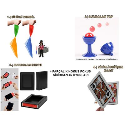 4'lü Sihirbazlık Seti – Hokus Pokus Sihirli Numara Seti-KUPA-MENDİL-DESTE-İSKAMBİL