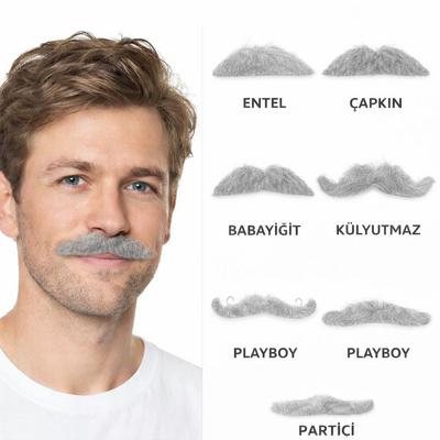 6’lı Yapışkanlı Gri Parti Bıyık Seti – Farklı Modeller