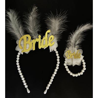 Beyaz İncili Gerçek Otriş Tüylü Pleksili Bride Yazılı Gelin Tacı ve Bride Yazılı Gelin Bilekliği Altın Renk 