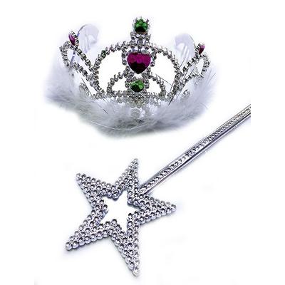 Beyaz Tüylü Metalize Kalp Taşlı Prenses Tacı ve Prenses Yıldız Asa