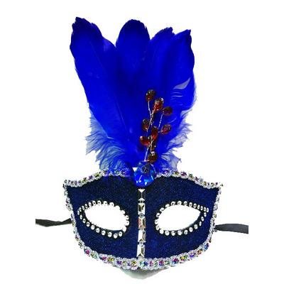 Boncuk İşlemeli Dantelli Tüylü Yılbaşı Parti Maskesi Mavi Renk