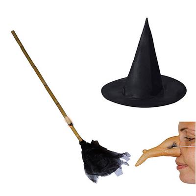 Cadı Süpürgesi - Siyah Cadı Şapkası - Cadı Burnu - 3 lü Set
