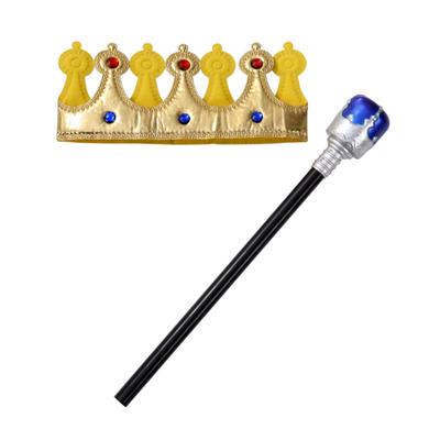 Çocuk Boy Altın Renk Kumaş Kral Tacı ve Mavi Topuzlu Kraliyet Asası