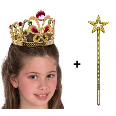 Çocuklar İçin Kraliçe Tacı - Çocuk Prenses Tacı ve Prenses Sopası Değneği Altın Renk