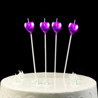 Çubuklu Metalize Kalp Mum Doğum Günü Mumu Mor 4 Adet
