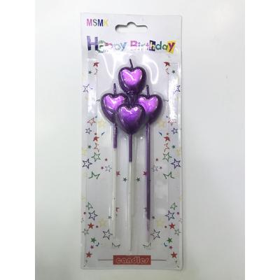 Çubuklu Metalize Kalp Mum Doğum Günü Mumu Mor 4 Adet