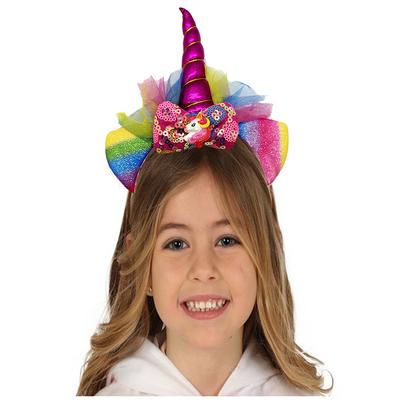 Fuşya Renk Boynuzlu Payetli Fiyonklu Unicorn Tacı 17x27 cm