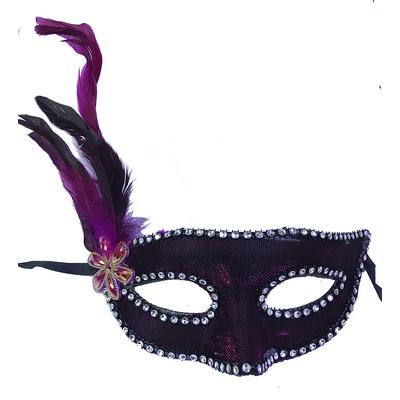 Fuşya Renk Kumaş Kaplama Yandan Tüylü Yılbaşı Parti Maskesi