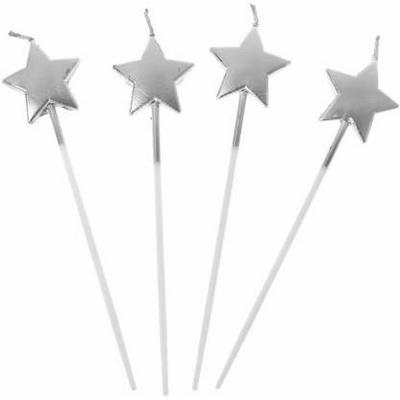 Gümüş Renk Yıldız Şekilli Pasta Mumu Pasta Süsleme Doğum Günü 4 Adet