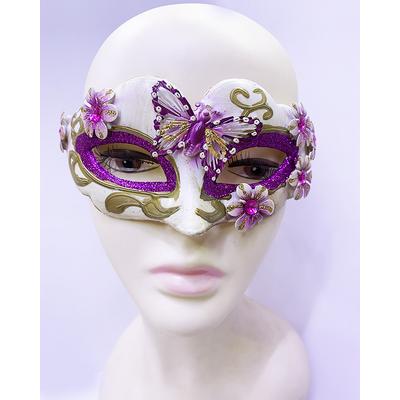 Kelebek İşlemeli Masquerade Venedik Maskesi Mor Renk 7x16 cm