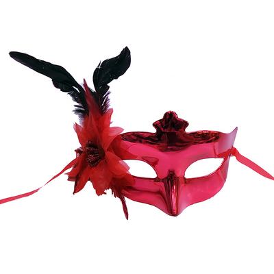 Kırmızı Renk Yandan Tüylü Güllü Yılbaşı Parti Maskesi