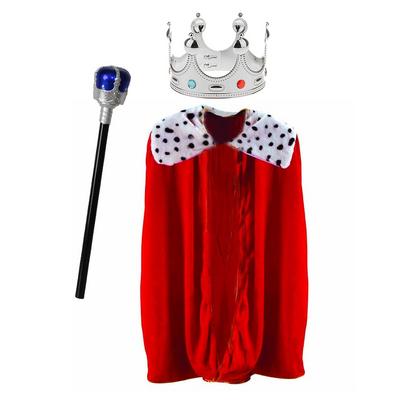 Kral Pelerini Çocuk 90 cm + Kral Taç Gümüş + Kral Asası Çocuk Boy
