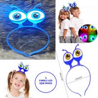 Led Işıklı & Pilli 3 Farklı Modda Yanan Uzaylı Göz Parti Tacı Mavi Renk 18x12 cm