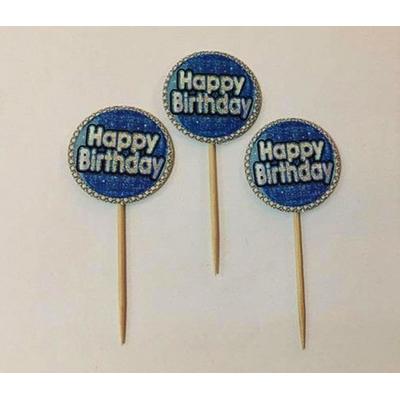 Mavi Gümüş Renk Happy Birthday Kürdan Süs 20 Adet