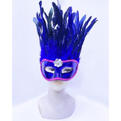 Mavi Renk Ekstra Bol Kuş Tüylü Pembe Dantelli Venedik Maskesi 30x19 cm